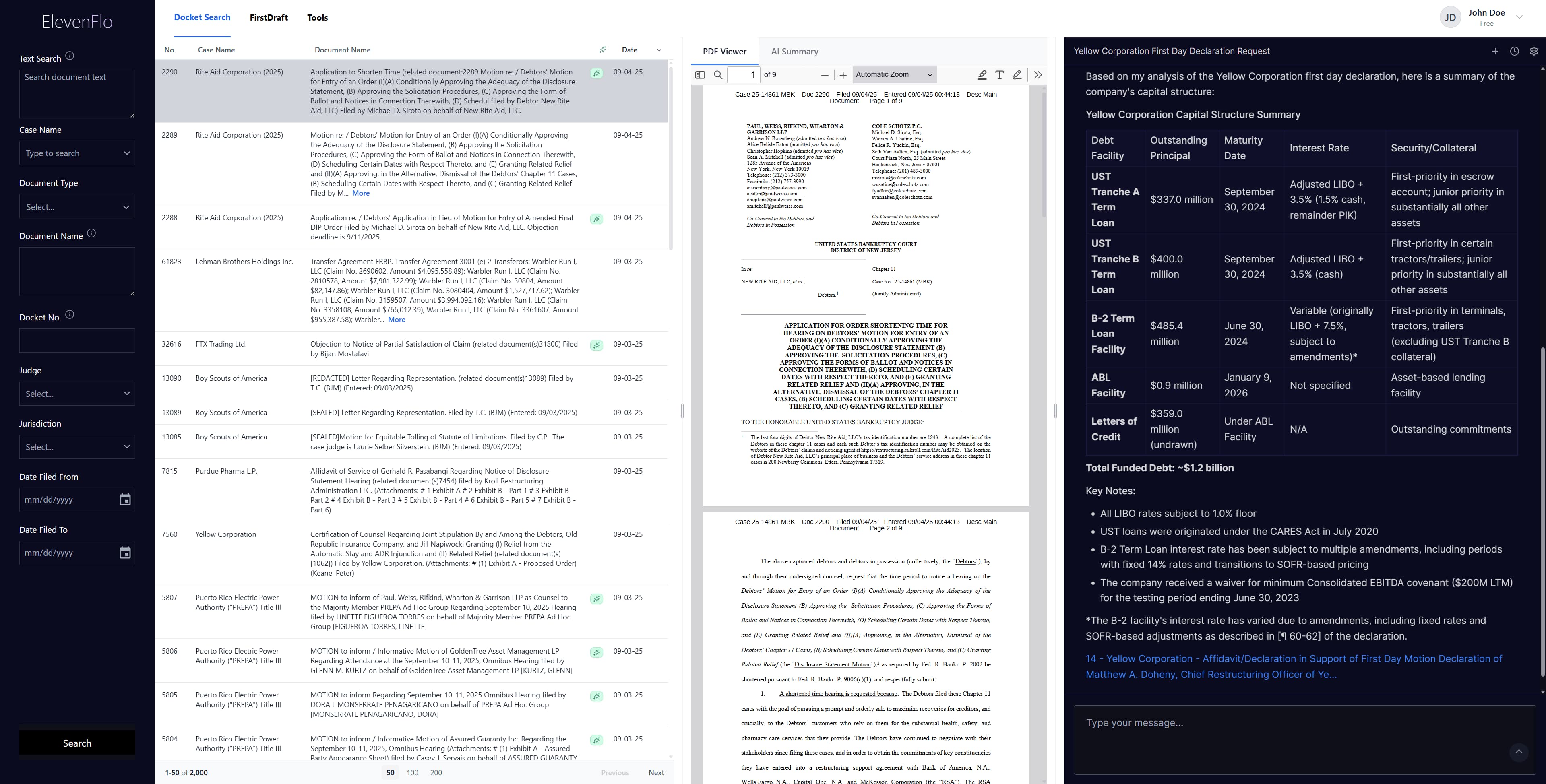 ElevenFlo search interface showing document analysis and AI summaries